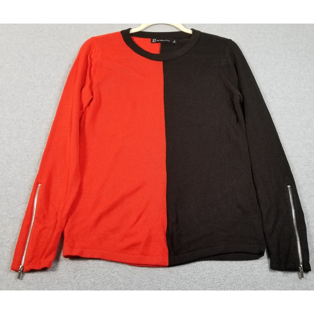 NY&C Sweater Women S Small Orange Black Colorblock Zipper Cuff‎ Long Sleeve Knit